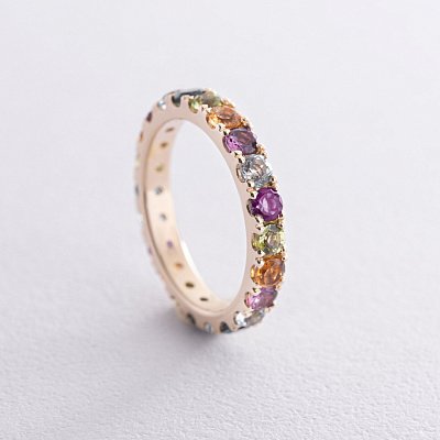 Золотое кольцо с дорожкой разноцветных натуральных камней к07617